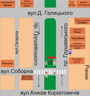 Білборд, Бігборд (Борд)  A у Кам'янець-Подільському, 3х6  пр.Грушевського (між вул. Соборна та вул.Д.Галицького) схема