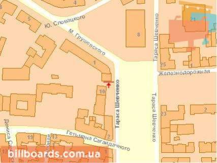 Білборд, Бігборд (Борд)  A у Тернополі, Щит 3x6  Шевченко бул. / Тетрального пл., Центр схема