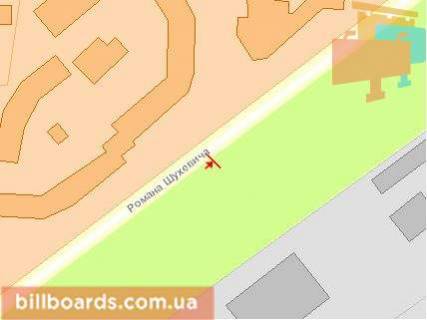 Білборд, Бігборд (Борд)  A у Рівному, Щит 3x6  Шухевича вул, 2, з центру схема