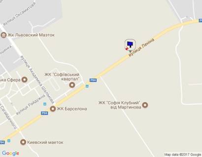 Білборд, Бігборд (Борд)  B у Софіївській Борщагівці с. Софіївська Борщагівка, траса Р-04 "Київ-Бишів-Звенигородка", км 2+550 право, вул. Соборна (Леніна), через 400м після ЖК "Софія Клубний", через 550м після ЖК "Софіївський квартал" та ЖК "Софія" схема