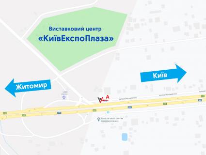 Билборд A в Березовке (Киевской обл) Житомирська траса/вул. Житомирська, поворот на с. Колонщину, на "КиївЕкспоПлази", зупинка "с. Березовка", АЗС "БРСМ Нафта", Баггі центр "GetDrive", в бік м. Житомир  схема