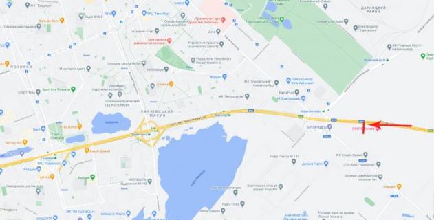 Мегаборд B в Киеве, 12x4  Бориспільське шосе, 18 км. , поруч готель "Onovo Dendra", напрямок руху в Київ схема