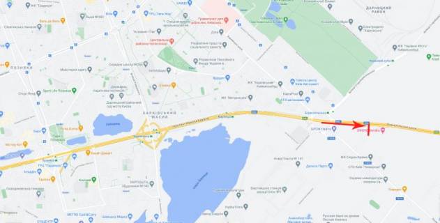 Мегаборд A у Києві, 12x4  Бориспільське шосе, 18 км. , поруч готель "Onovo Dendra", напрямок руху з Києва схема