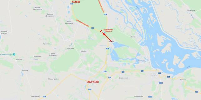 Мегаборд A в Київських трасах, 12x4  В'їзд до Києва, з боку Знам'янки, 400м від повороту на Козин, до котедж. містечка Романово схема