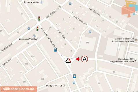 Білборд, Бігборд (Борд)  A у Львові, 6х3  Петлюри (ринок новий на розв'язці)від вул. Садової схема