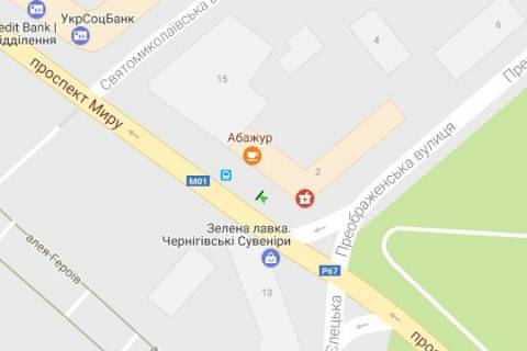 Бэклайт A в Чернигове, 1.2x1.8  Миру просп., 13 - Преображенська вул., 2 (№1) схема