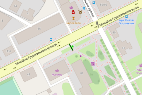 Білборд, Бігборд (Борд)  B у Житомирі, 3x6  Михайла Грушевського вул. (Котовського вул.), 50 - Князів Острозьких вул. (Шелушкова вул.) (В центр) схема