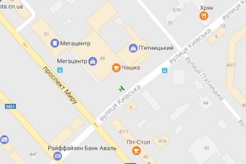 Бэклайт B в Чернигове, 1.2x1.8  Київська вул. - Миру просп., 49 схема