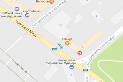 Бэклайт B в Чернигове, 1.2x1.8  Миру просп., 13 - Преображенська вул., 2 (№2) схема