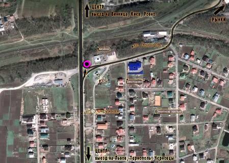 Билборд A в Хмельницком, 3*6  перехрестя вул.З.Окружна - вул.Геологов. неподалік: основний заїзд на ринки, СТО, мийка, шиномонтаж, АЗС, Газова АЗС, елітна забудова (від центру, на ринки) [праве вухо] схема