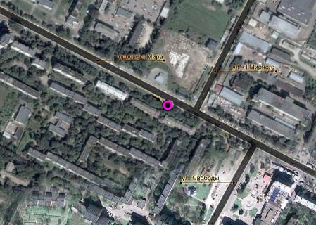 Билборд A в Хмельницком, 3*6  проспект Миру - вул.П.Мирного. неподалік: АЗС "ОККО", зупинка, ринок, "Фокстрот" (в центр) схема