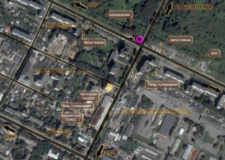 Билборд B в Хмельницком, 3*6  перехрестя Старокостянтинівське шосе - вул.Прибузька, (шиномонтаж). неподалік: автостоянка, шиномонтаж, АЗК, супермаркет "Вопак", непродовольчий ринок (від центру) схема