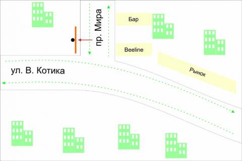 Білборд, Бігборд (Борд)  A у Шепетівці, 3*6  перехрестя пр.Миру - вул.В.Котіка. Неподалік: ринок, магазини, Мафі, супермаркет (центр) схема
