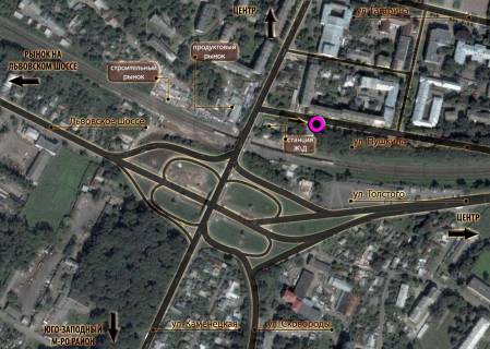 Билборд A в Хмельницком, 3*6  вул.Скоблі (СТО). неподалік: приміська З\Д станція, прод.ринок "Приміський", непрод.ринок, СТО, шиномонтаж, будівельні магазини (центр) схема