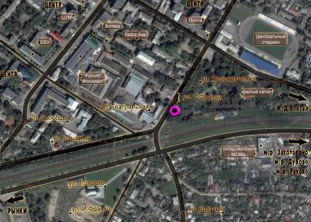 Билборд B в Хмельницком, 3*6  перехрестя вул.І.Франка - вул.Скоблі (парк). неподалік: З/Д переїзд, парк, центр міста (центр) схема