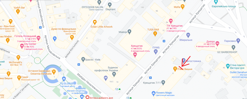 Видеоборд A у Києві, 6,4х14,4   Хрещатик вул., 7/11 - 497087 схема