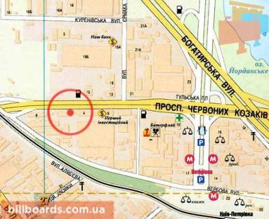 Билборд A в Киеве Петровка, просп. Степана Бандеры, 8 (завод "Маяк"), напр. Эпицентра, с/маркет дверей Porte’s, военторг ДиСи, со стороны ул. Е.Телиги, загруженная транспортная артерия (левая, "призма") схема