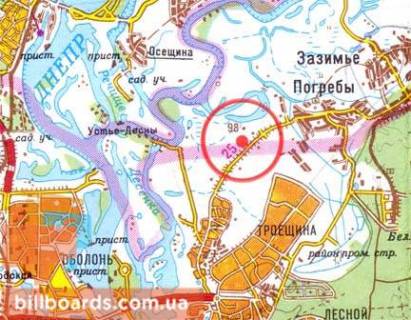 Білборд, Бігборд (Борд)  B у Києві, 3х6  Троєщина: Погребський шлях (вул. Радосиньская), 800 м від вул. Милославська, за Опіковим центром / виїзд з Києва в бік Погребів-Зазим'я (стаціонарний блок-пост), ресторани Мангал House, БородиБар, Fazenda; АЗС Avantage 7, склади будматеріалів схема