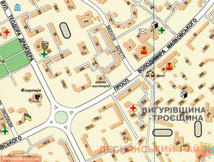 Билборд A в Киеве просп. Маяковского, 22; деловой центр Троещины: Фестивальный, рынок, Калинка-Малинка, ТЦ Маяк, Дарина, Буми и др.; остан. общ. транспорта схема