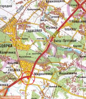 Білборд, Бігборд (Борд)  B у Глевасі, 3х6  А/д М-05 Київ-Одеса 09, км 27+800 м, ліворуч / напрямок з Києва, с. Глеваха, за розв'язкою на Васильків, база КлінкерБуд Україна, перед АЗС UkrNafta, навпроти Глевахівського ринку, за пішохідним мостом, 14 км від Одеської пл. схема