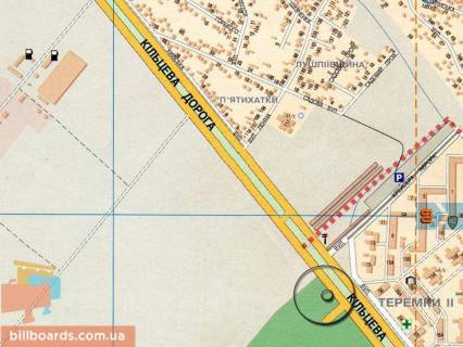 Білборд, Бігборд (Борд)  A у Києві, 3х6  Теремки, оновлена Велика Кільцева, 110; на світлофорі, найкраща оглядовість площини, перед заїздом до ТЦ Аракс, далі ТРЦ Республіка, Metro Cash and Carry, Епіцентр, за виїздом з ринку Столичний, на автобусній зупинці, 1 км до Одеської площі схема