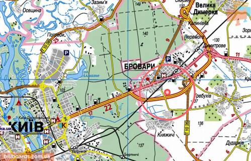Билборд A в Бровары, 3х6  Бровари - Кільцева (а/д Е-95 Київ-Чернігів 01, км 21+600 м, ліворуч) - напрямок руху в Київ, 1 км до світлофора на розв'язці Броварського просп., перед залізничним мостом схема