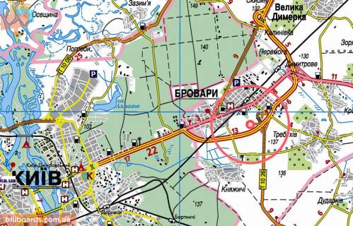 Билборд A в Бровары, 3х6  Бровари - Кільцева (а/д Е-95 Київ-Чернігів 02, км 24+000 м, ліворуч); 300 м до заїзду на готельно-ресторанний комплекс Петровський бровар (Переяславський шлях, 131), розв'язка на Княжичі; напрямок руху на Київ схема