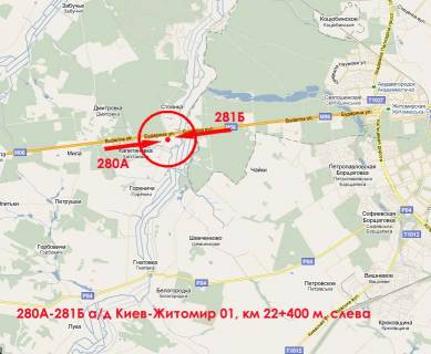 Билборд B в Стоянке, 3х6  А/д М-06 Київ-Житомир 01, км 22+420 м, ліворуч / с. Стоянка; навпроти АЗК WOG за новим мостом-розв'язкою на Ірпінь (вул. Лісова), поворот на с.Гореничі; Житомирське шосе, виїзд з Києва (1,8 км від межі міста) схема