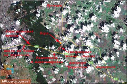 Білборд, Бігборд (Борд)  A у Пролісках, 3х6  ПСО Р-03, км 4+900 м, праворуч - Фоззі на Бориспільській трасі - світлофор на виїзді з парковки (Мала Олександрівка), Амако, навпроти заїзду на центральний логістичний центр Нова пошта, митниця, виїзд на Бориспільську трасу / Північно-Східний об'їзд схема