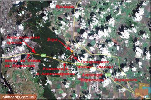Білборд, Бігборд (Борд)  B у Пролісках, 3х6  ПСО Р-03, км 4+900 м, праворуч - Фоззі на Бориспільській трасі - світлофор на виїзді з парковки (Мала Олександрівка), Амако, митниця, виїзд на Бориспільську трасу / Північно-Східний об'їзд схема