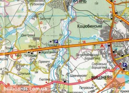 Билборд A в Київських трасах, 3х6  А/д М-06 Київ-Житомир 12, км 29+850 м, праворуч / напрямок руху з Києва; с.Мрія; на розвороті в напрямку Києва, виїзд з АЗК Parallel; Житомирське шосе (10 км від КП) схема