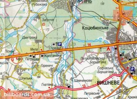 Білборд, Бігборд (Борд)  B у Київських трасах, 3х6  А/д М-06 Київ-Житомир 09, км 29+850 м, праворуч / в Київ; с.Мрія; перед автосалоном Camper, виїзд з АЗС БРСМ; Житомирське шосе (10 км до КП) схема