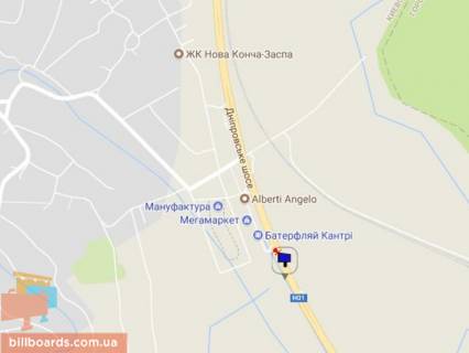 Билборд A в Київських трасах, 6х3  Дніпровське шосе, траса Н-01 "Київ-Знам'янка", км 24+100 право, через 450м після повороту на с. Ходосівку та АЗС UPG, через 100м після ТЦ "МегаМаркет", за 150м до ТЦ "Аракс" схема