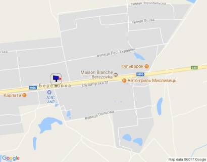 Білборд, Бігборд (Борд)  B у Березівці, 6х3  с. Березівка, траса М-06 Київ-Чоп (Житомир), км 37 + 570 ліво, АЗС "ANP", навпроти готель "Мезон Бланш", 175м после автобусної зупинки схема