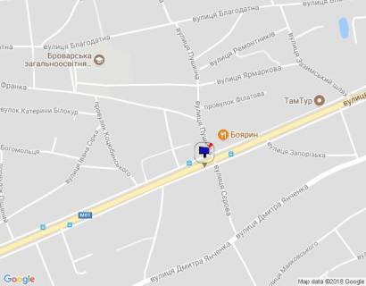 Билборд B в Бровары, 6х3  м. Бровари, вул. Київська, 90, біля повороту на вул. Сєрова та магазину "Фора", біля автобусної зупинки, через 180м після повороту на вул. Запорізька схема