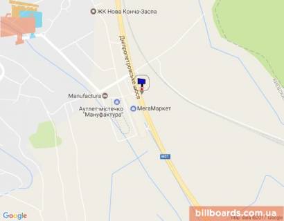 Билборд A в Ходосовке, 6х3  Дніпровське шосе, траса Н-01 "Київ-Знам'янка", км 23+750 ліво, за 100м до повороту на с. Ходосівку та АЗС UPG, навпроти ТЦ "МегаМаркет" схема