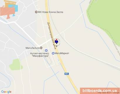 Билборд B в Ходосовке, 6х3  Дніпровське шосе, траса Н-01 "Київ-Знам'янка", км 23+750 ліво, через 100м після повороту на с. Ходосівку та АЗС UPG, навпроти ТЦ "МегаМаркет" схема