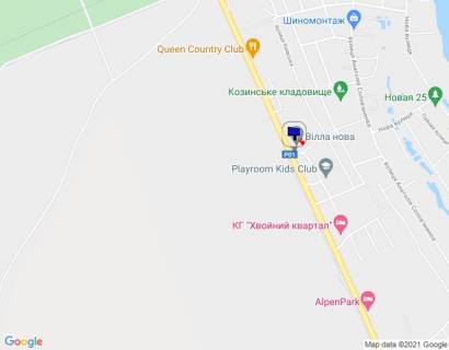 Билборд A в Козине, 6х3  Конча-Заспа, траса Р-01, км 30+950 ліво, котеджне містечко "Олександрівське", через 20м після клініки "VIVA", за 300м до комплексу "QUEEN COUNTRY CLUB" схема