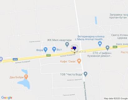 Білборд, Бігборд (Борд)  A у Міла, 6х3  с. Мила, траса М-06 "Київ-Чоп" (Житомир), км 25+770 ліво, біля автобусної зупинки, перед заміським комплексом "Царьград", перед поворотом на Петрушки, через 400м після магазину "Фора" схема