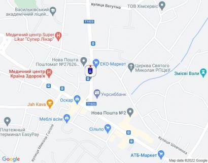 Ситилайт A в Василькове, 1,2х1,8  м. Васильків, вул. Декабристів, 1, біля автобусної зупинки, через 100м після перехрестя з вул. Шевченка та магазину "Еко-Маркет", за 125м до перехрестя з вул. Грушевського схема