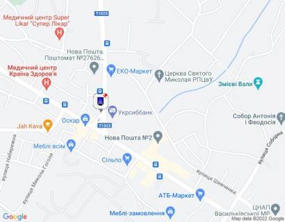 Ситилайт A в Василькове, 1,2х1,8  м. Васильків, вул. Декабристів, 1, через 70м після автобусної зупинки, через 170м після перехрестя з вул. Шевченка та магазину "Еко-Маркет", за 55м до перехрестя з вул. Грушевського схема