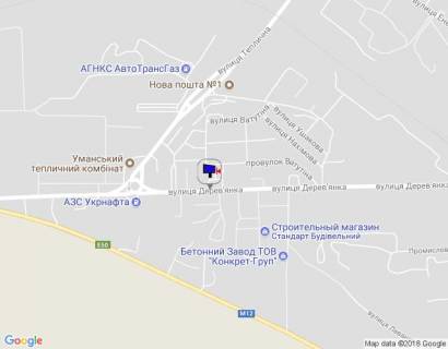 Билборд A в Умане м. Умань, вул. Дерев'янка, 12, за 250м до розв'язки з вул. Теплична, через 90м після автобусної зупинки та 355м після повороту на вул. Леваневського схема