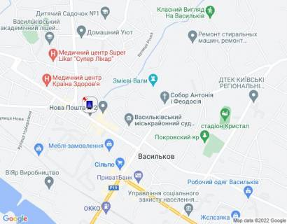 Сiтiлайт B у Василькові, 1,2х1,8  м. Васильків, вул. Грушевського, 10, біля аптеки, навпроти магазину "Сільпо" та "COMFY", через 70м після повороту на вул. Гоголя, через 120м після повороту на вул. Декабристів, за 105м до відділення ПУМБ та автобусної зупинки схема