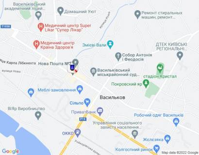 Ситилайт B в Василькове, 1,2х1,8  м. Васильків, вул. Грушевського, 17, біля Васильківського Міськрайонного центру зайнятості та автобусної зупинки, навпроти відділення ПУМБ, за 50м до магазину "Сільпо" та "COMFY", за 150м до повороту на вул. Гоголя, за 200м до повороту на вул. схема