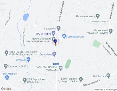 Сiтiлайт B у Василькові, 1,2х1,8  м. Васильків, вул. Декабристів, 43, біля автобусної зупинки "Автопарк" та Васильківського об'єднаного міського військового комісаріату, за 290м до АЗС "GLUSCO", за 160м до АЗС "БРСМ НАФТА", через 140м після Ощадбанку схема