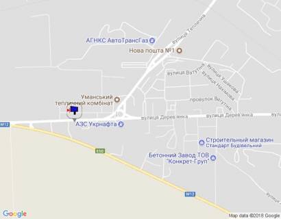Билборд A в Умане м. Умань, вул. Дерев'янка, за 140м до автобусної зупинки та 260м до розв'язки з вул. Теплична, через 440м після повороту з траси М-12  схема
