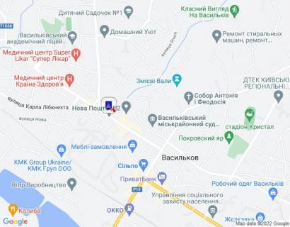 Ситилайт B в Василькове, 1,2х1,8  м. Васильків, вул. Грушевського, 21, біля магазину "Сільпо" та "COMFY", за 50м до повороту на вул. Гоголя, за 100м до повороту на вул. Декабристів, через 125м після відділення ПУМБ та автобусної зупинки схема