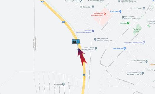 Білборд, Бігборд (Борд)  B у Вишгороді, 3х6  Мінський пр-т/ 2 км до перекрестя,направо на Н.Петрівці,Димер,наліво,на пл.Шевченко (В) схема